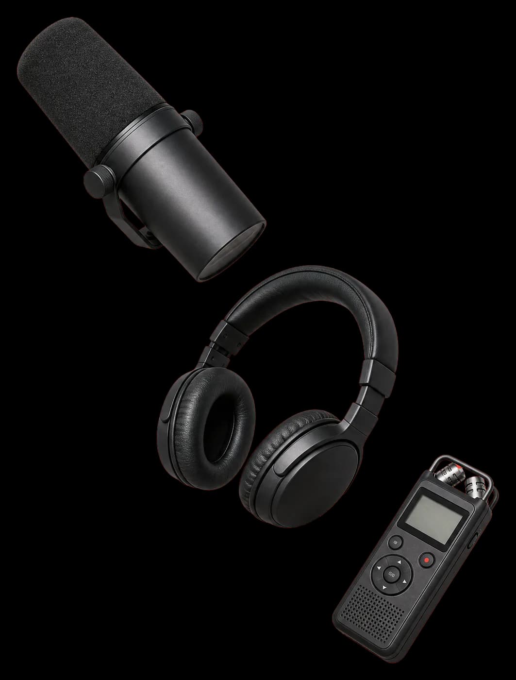 Podcast microphone, studio headphones, and audio recorder