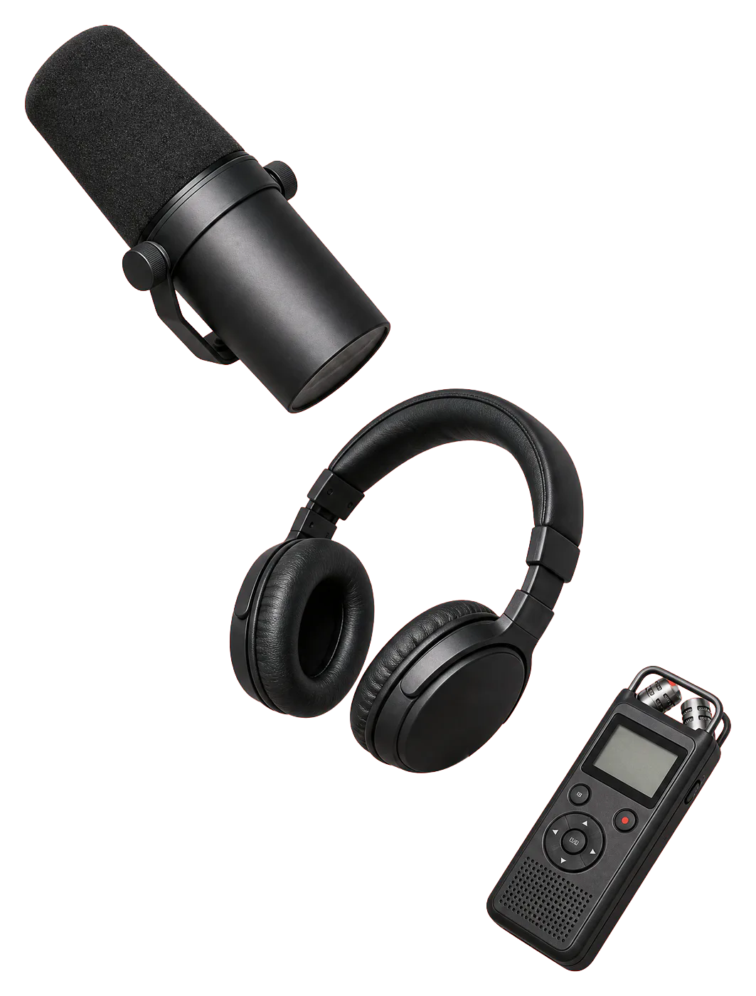 Podcast microphone, studio headphones, and audio recorder